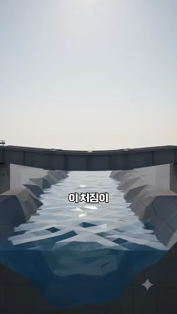 하천 위로 놓인 다리 뼈대가 중앙이 아래로 축 처진 상태를 보여주는 3D 그래픽 영상 화면.