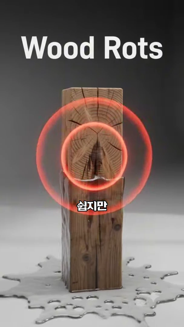 나무 기둥 단면이 붉은색 원으로 강조되어 있고 그 위로 Wood Rots라는 영문 자막과 '쉽지만'이라는 한국어 자막이 겹쳐진 그래픽 화면.
