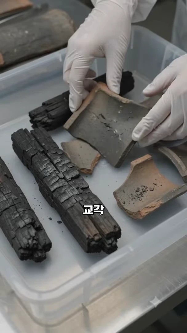 흰색 장갑을 낀 연구원이 플라스틱 트레이 위에 놓인 탄화된 목재 조각과 기와 파편을 조심스럽게 살펴보고 있다.