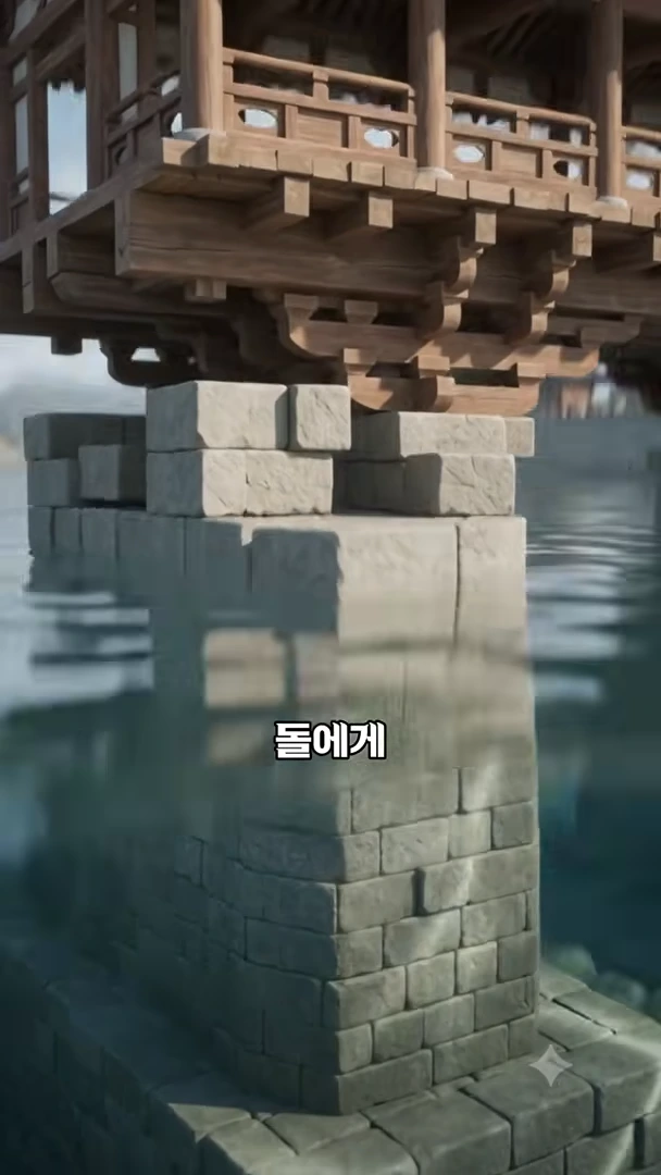 물속에 잠긴 거대한 석조 교각 위로 정교하게 짜 맞춘 나무 구조물과 지붕이 얹혀 있는 다리의 모습