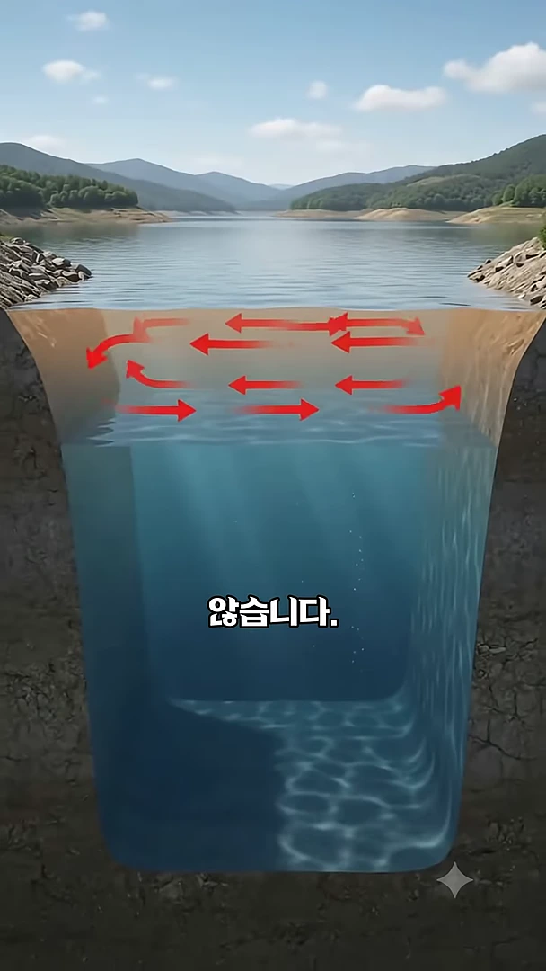 호수 내부를 단면으로 보여주는 그래픽으로, 표면의 따뜻한 물과 하부의 차가운 물이 섞이지 않고 나뉘어 있는 모습이 붉은색 화살표와 함께 표현되어 있습니다.