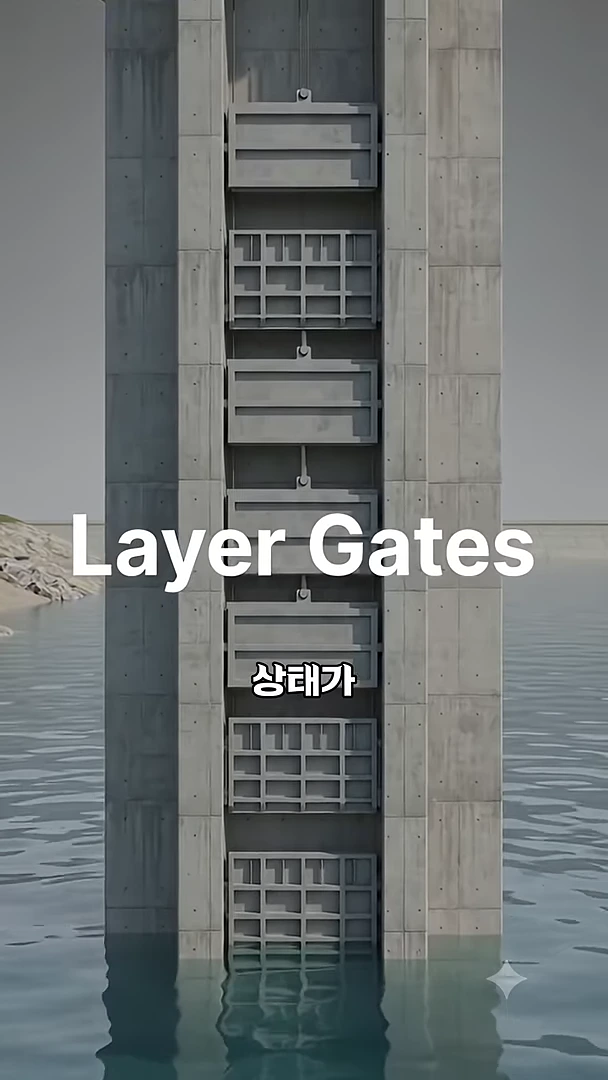 호수 위에 솟아 있는 수직의 선택취수탑 구조물로, 표면에 다수의 격자형 수문이 세로로 배치되어 있고 화면 중앙에 'Layer Gates'라는 영문 글자가 적혀 있다.