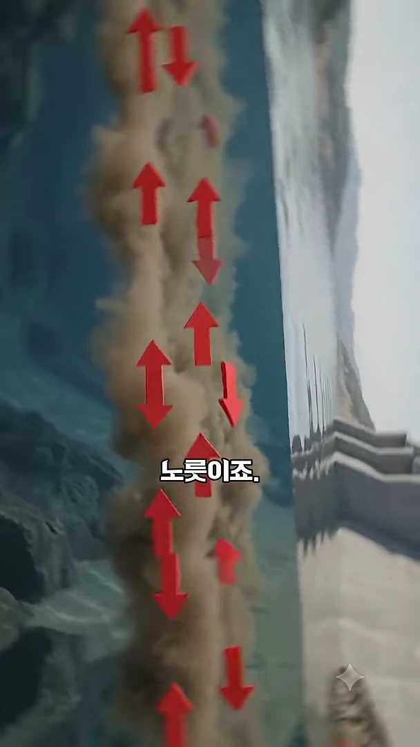 물속에서 흙탕물이 수직으로 퍼져 나가는 모습을 담은 영상 화면으로, 붉은색 상하 화살표가 흙탕물의 흐름을 표시하고 있으며 화면 중앙에 '노릇이죠.'라는 자막이 배치되어 있습니다.