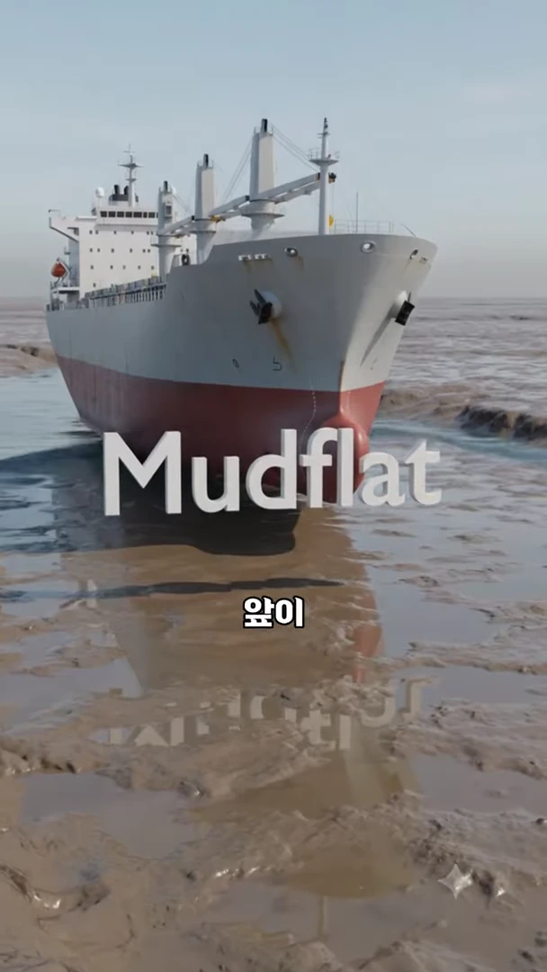 썰물이 빠져나가 갯벌 위에 덩그러니 놓여 있는 대형 선박을 묘사한 3D 그래픽 영상 장면.