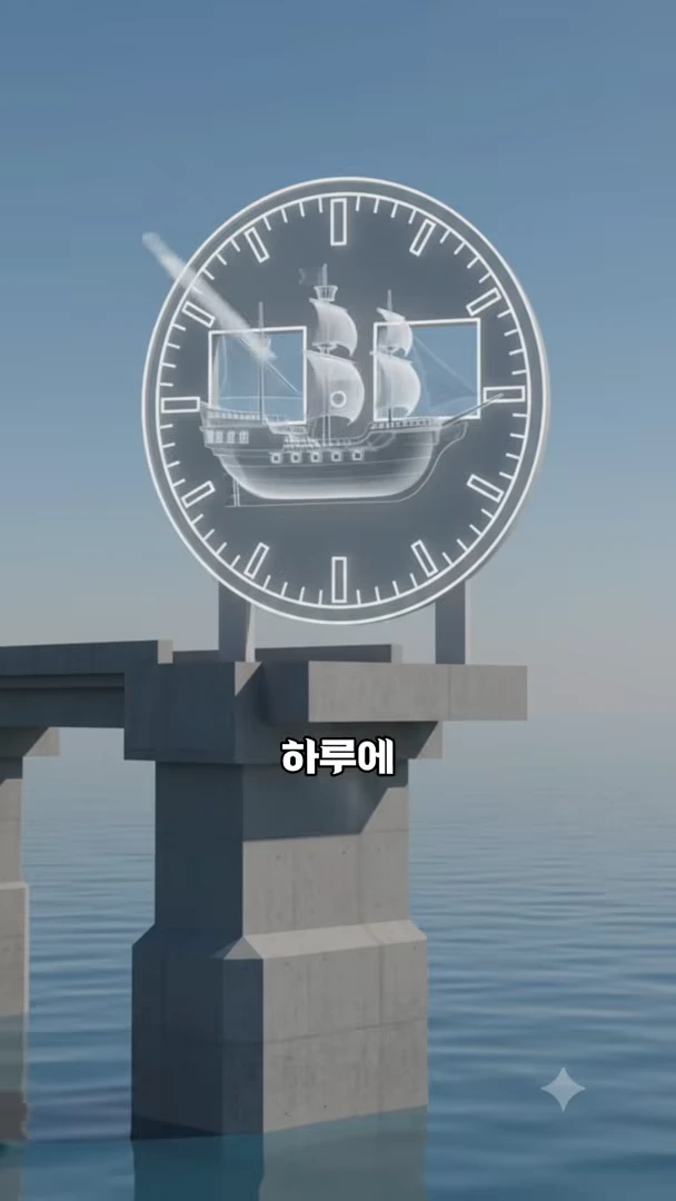 바다 위에 세워진 콘크리트 기둥 위에 시계 모양의 그래픽이 떠 있고 그 안에 범선이 묘사된 3D 애니메이션 이미지.