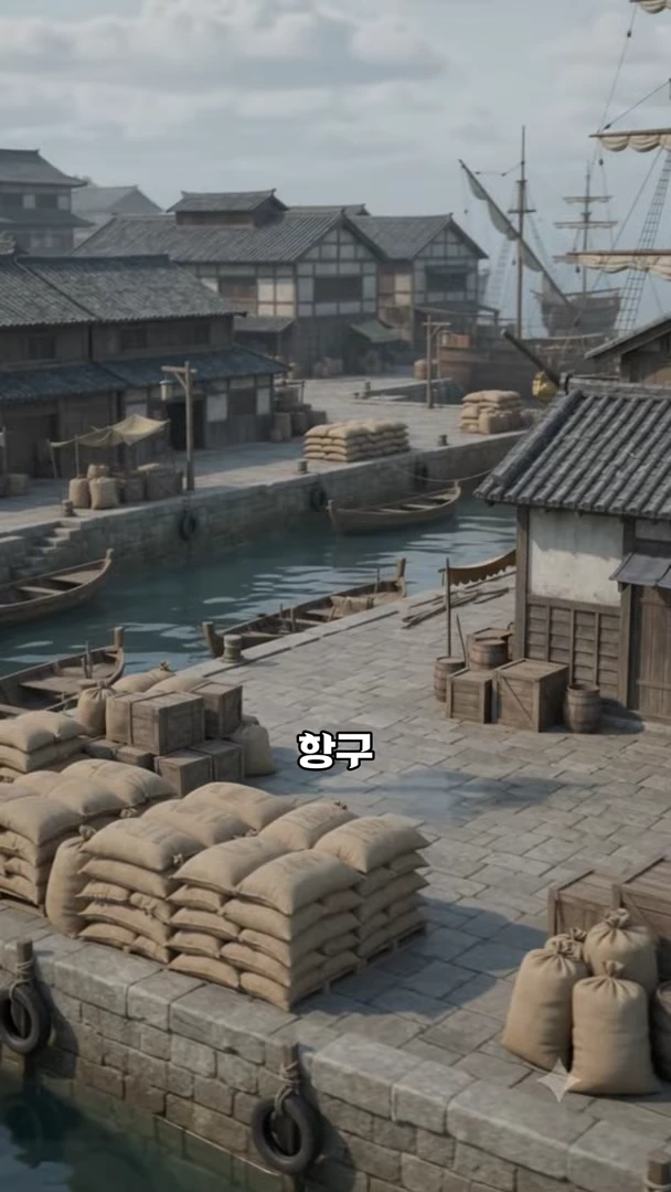 일제 강점기 군산 항구를 재현한 그래픽으로 나무 건물들과 운하를 따라 쌓여 있는 쌀 가마니들, 그리고 정박 중인 배들이 보입니다.