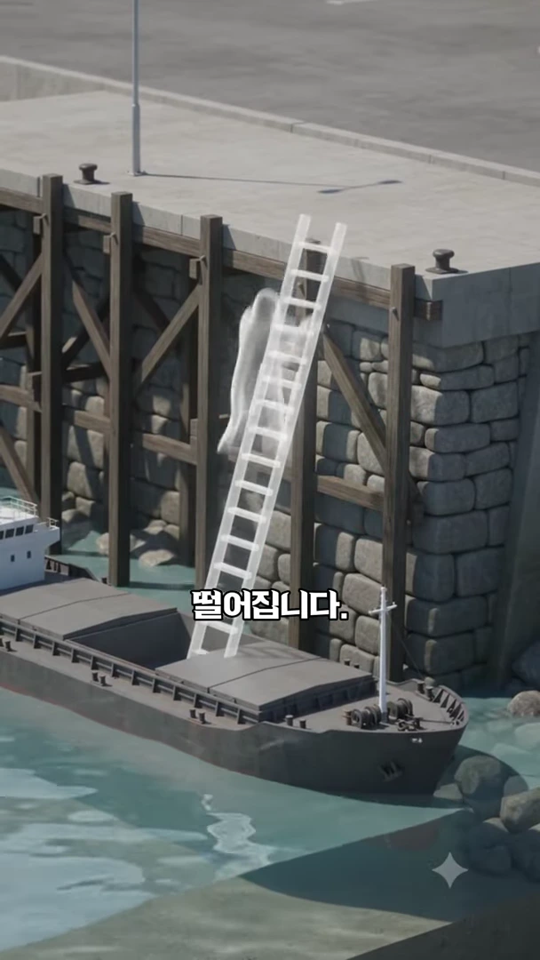 조수간만의 차로 인해 부두 아래로 낮게 내려간 화물선과 그 위로 길게 늘어진 투명한 사다리가 그려진 3D 그래픽 영상