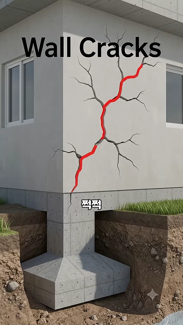 집의 기초 아래 지반이 불균형하게 꺼지면서 건물 외벽에 갈라진 틈이 생긴 모습을 보여주는 3D 단면도.