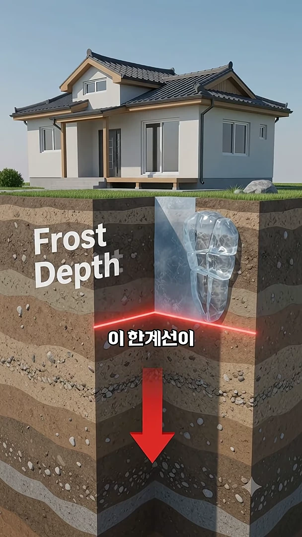 단면이 드러난 땅 위에 지어진 주택 일러스트. 땅속으로 파고든 단면에는 'Frost Depth'라는 문구와 함께 붉은 선으로 표시된 경계 지점이 나타나 있으며, 그 아래로는 얼음 덩어리가 그려져 있다.