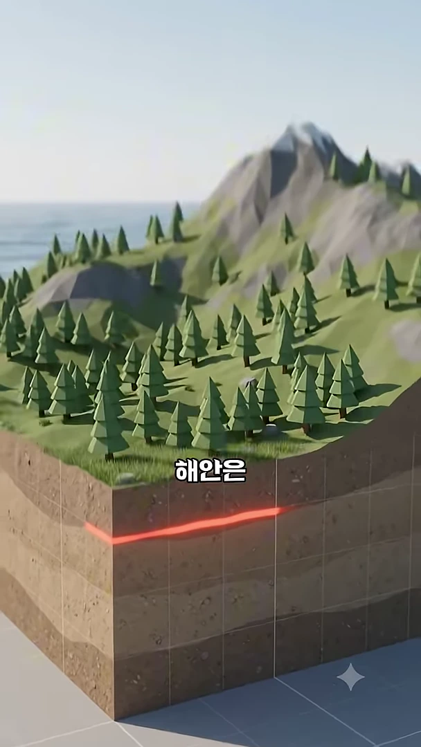 나무들이 심어진 산과 땅의 단면을 입체적으로 보여주는 3D 그래픽으로, 땅속 깊은 곳에 붉은색 선이 가로로 그어져 있다.