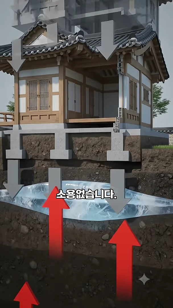 한옥 건물의 단면도 아래로 땅속에 형성된 커다란 얼음 덩어리가 집의 기초를 위로 밀어 올리는 모습과 이를 누르는 화살표가 그려진 그래픽.