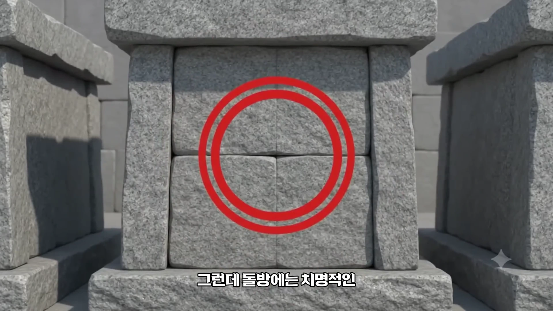 회색 돌 블록 여러 개를 쌓아 만든 구조물 정면으로, 중심부에 빨간색 이중 원이 그려져 돌 사이의 틈을 강조하고 있습니다.
