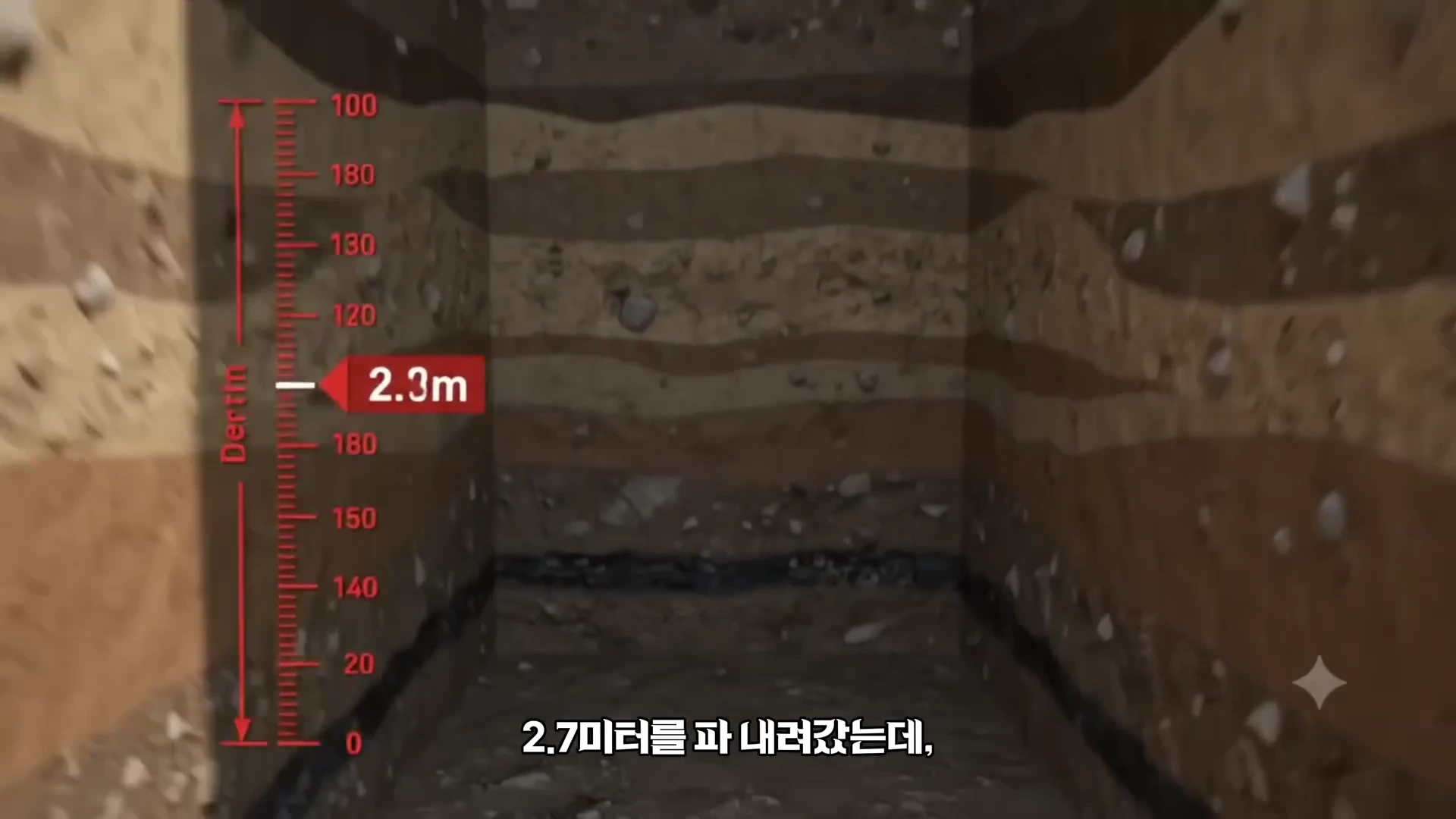 단면이 보이는 깊은 구덩이 옆으로 깊이를 측정하는 빨간색 눈금 자와 '2.3m'라고 적힌 표시기가 있는 그래픽 이미지입니다.