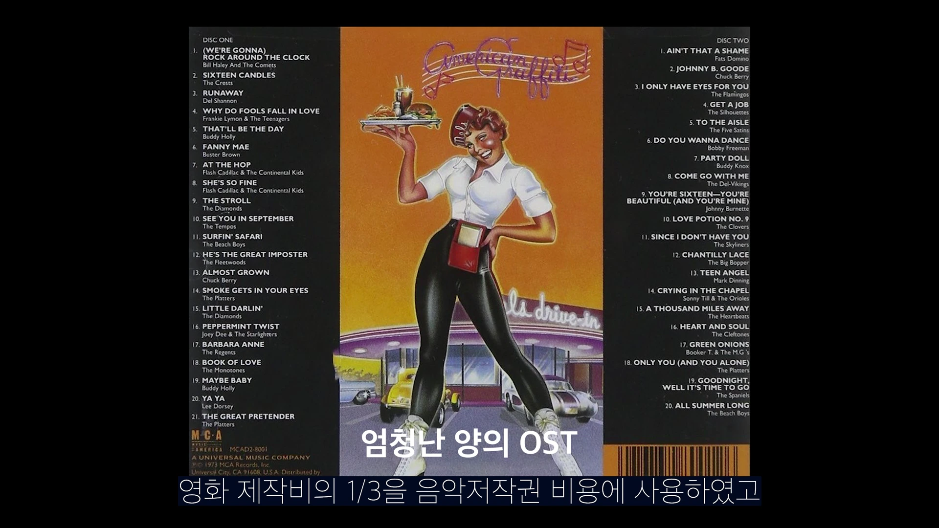 아메리칸 그래피티 영화 사운드트랙 앨범 커버로, 양옆에 곡 목록이 적혀 있고 중앙에는 식당에서 음식을 서빙하는 웨이트리스 일러스트가 그려져 있다.