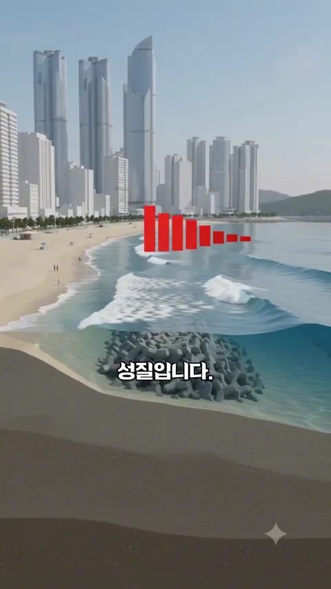 해운대 해변과 고층 빌딩들을 배경으로, 바다 밑에 쌓인 방파제 구조물과 그 위로 형성되는 파도의 모습을 단면도로 보여주는 그래픽입니다.