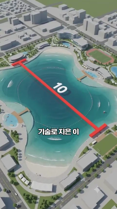 인공 서핑장 단지 전체를 내려다본 조감도로, 중앙의 푸른 호수와 주변 도로 및 건물이 배치되어 있고 호수를 가로지르는 빨간 선과 '10'이라는 숫자가 표시되어 있습니다.