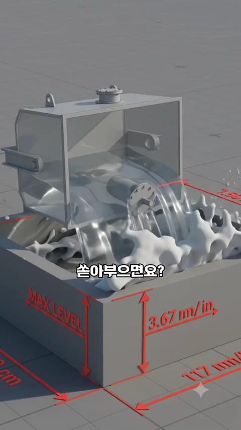 물탱크에서 물이 아래로 쏟아지며 거품이 이는 모습을 보여주는 3D 그래픽 영상 화면으로, 화면 중앙에 '쏟아부으면요?'라는 한국어 자막이 적혀 있습니다.
