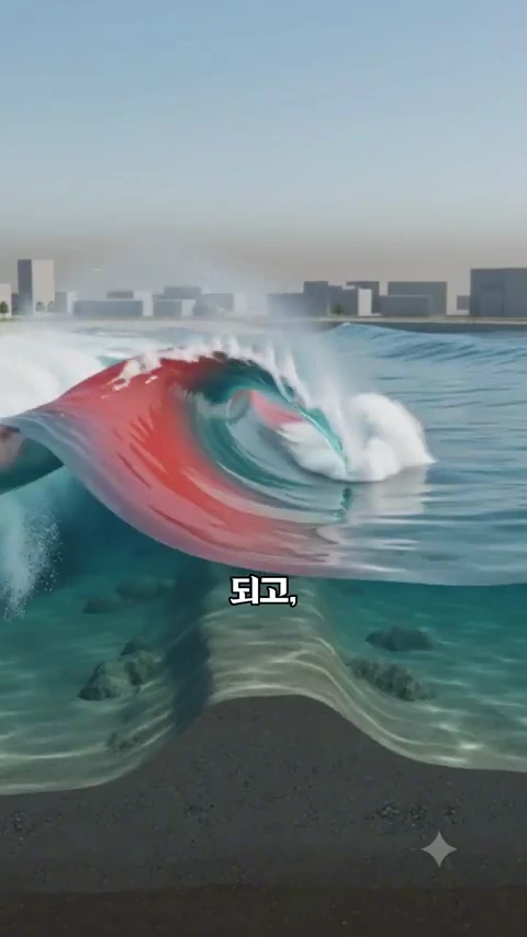 인공 서핑장의 단면도 그래픽으로, 물 밑의 울퉁불퉁한 바닥 지형 위로 파도가 말려 올라오는 모습이 투명하게 보인다.