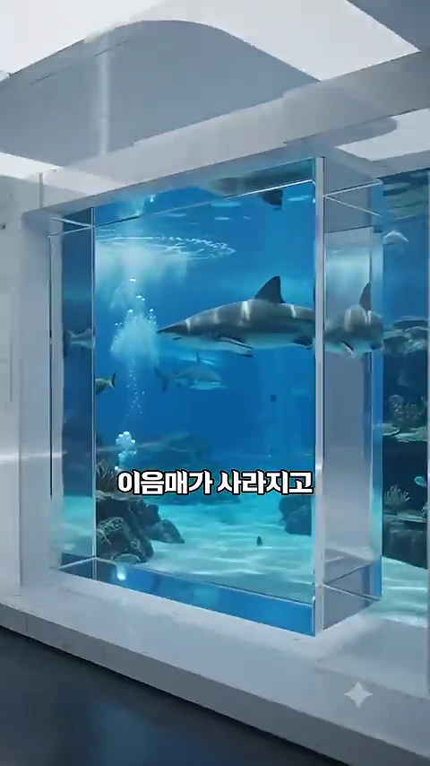 아쿠아리움의 대형 수조 안에서 상어 두 마리가 헤엄치고 있는 모습과 그 앞에 한국어로 이음매가 사라지고라는 자막이 표시된 화면