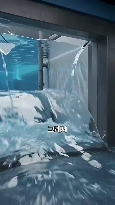 투명한 아크릴 창 뒤로 푸른 수조의 물이 가득 차 있고 앞쪽으로 물이 흘러내리는 수족관 관람창 근접 영상 화면.