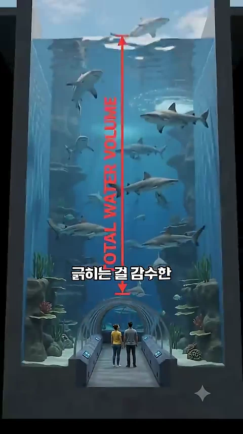 수족관 내부의 수직 단면을 보여주는 그래픽으로, 수면부터 바닥의 아치형 터널까지 상어들이 헤엄치는 모습과 함께 'TOTAL WATER VOLUME'이라는 붉은색 화살표가 표시되어 있습니다.