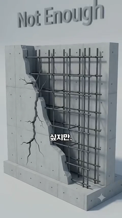 콘크리트 벽면 내부의 철근 구조가 드러나 있고, 표면에는 선명하게 갈라진 균열이 있는 3D 그래픽 모델.