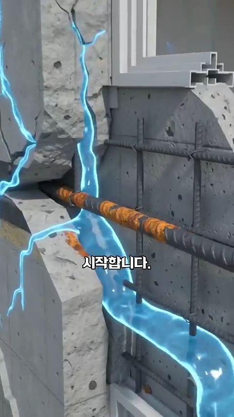 콘크리트 벽 내부의 철근 구조가 드러난 단면에서 파란색 빛이 균열을 따라 흘러나오며 갈라지는 모습을 표현한 그래픽 영상.
