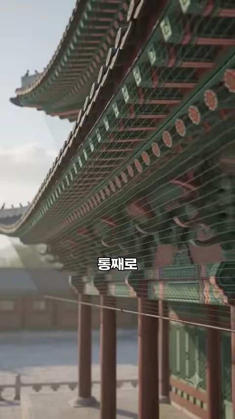 경복궁 근정전의 화려한 처마 밑을 가로질러 촘촘하게 설치된 검은색 그물망의 모습