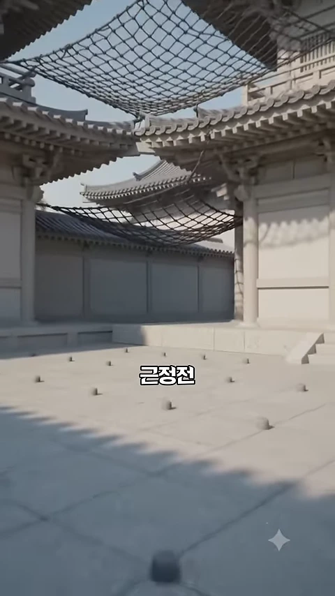 경복궁 근정전 처마 밑에 새의 접근을 막기 위해 촘촘하게 설치된 검은색 그물망이 보입니다.