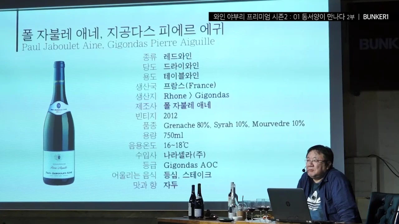강연자가 앞에 노트북과 와인병들을 두고 앉아 있고, 배경 대형 화면에는 '폴 자불레 애네, 지공다스 피에르 에귀'라는 제목과 와인 상세 정보가 적힌 슬라이드가 띄워져 있습니다.