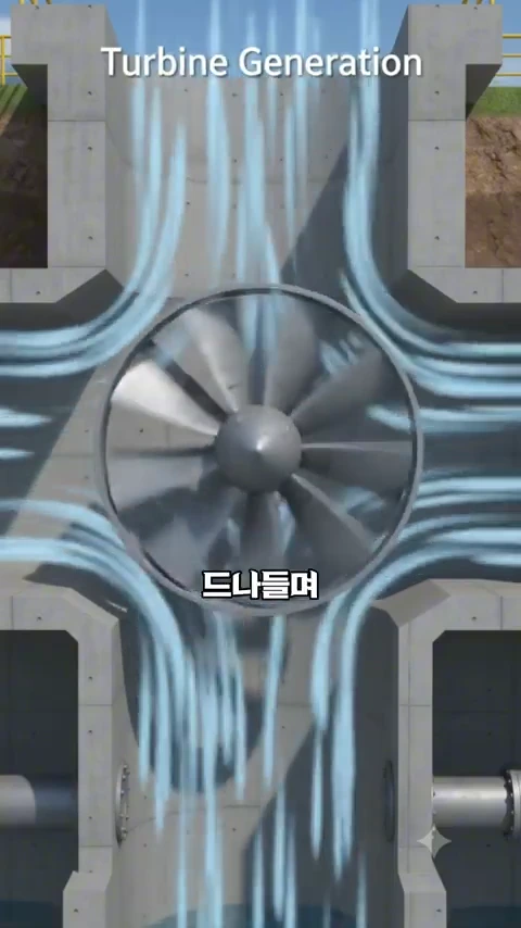 콘크리트 구조물 내부의 터빈이 회전하는 모습이 담긴 파력발전 원리 안내 그래픽.