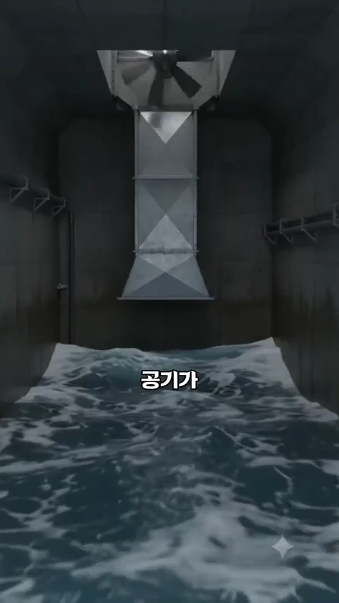 콘크리트로 된 밀폐된 공간 내부 아래쪽에는 바닷물이 차 있고, 위쪽 중앙에는 공기가 지나가는 통로와 터빈이 설치된 모습이 담긴 그래픽 영상입니다.
