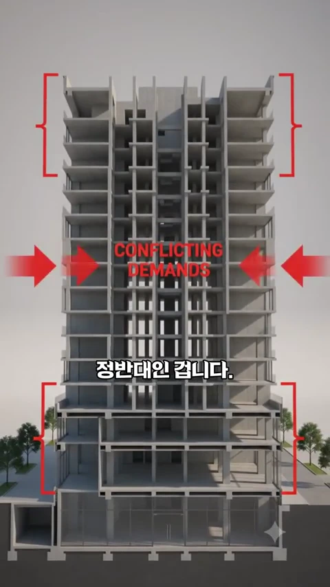 주상복합 건물의 단면을 보여주는 3D 그래픽으로, 위층의 촘촘한 벽 구조와 아래층의 개방된 공간 구조가 충돌하는 지점을 붉은색 화살표와 괄호로 표시하고 있다.