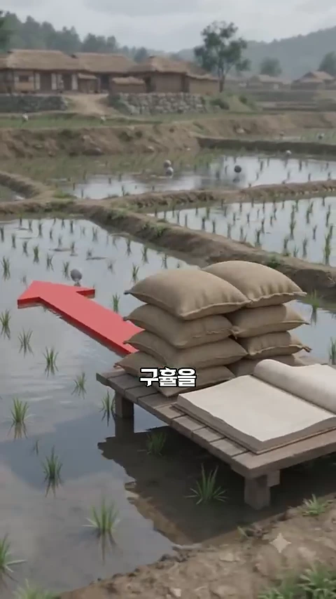 논과 초가집이 있는 전원 풍경 위에 쌓인 쌀가마니와 펼쳐진 문서, 그리고 빨간색 화살표 그래픽이 나타나 있는 모습