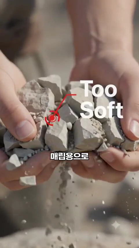 두 손으로 부스러지기 쉬운 돌 조각들을 받치고 있는 모습과 그 위에 Too Soft라는 영문 텍스트가 표시된 화면