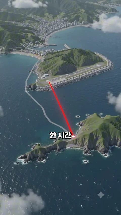 울릉도의 해안 지형과 건설 중인 공항 활주로 부지를 위에서 내려다본 조감도 그래픽. 두 지점 사이를 붉은 선으로 연결하고 그 위에 '한 시간'이라는 자막이 적혀 있음.