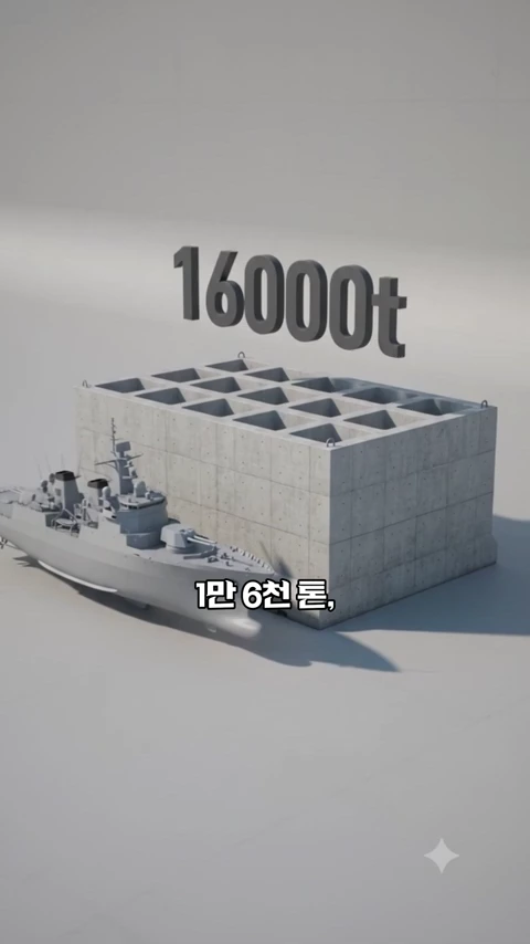콘크리트 구조물인 거대한 케이슨과 그 옆에 배치된 군함 모형이 함께 나타난 3D 그래픽 이미지