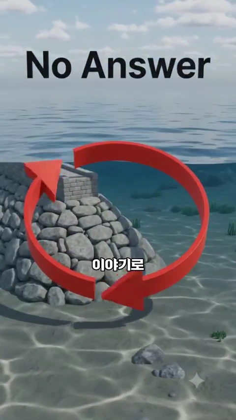 바닷속 바닥까지 닿아 있는 기존의 돌 방파제 구조를 보여주는 그래픽 화면으로, 'No Answer'라는 문구와 함께 순환을 의미하는 빨간색 화살표가 그려져 있습니다.
