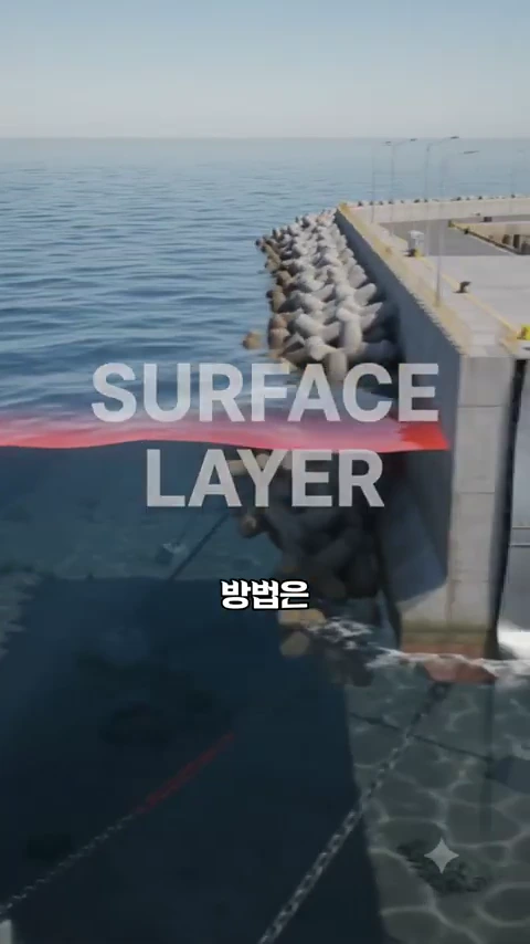 바다 수면 위로 테트라포드와 방파제 구조물이 보이며, 수면 근처의 에너지를 시각화한 붉은색 띠와 함께 'SURFACE LAYER'라는 영문 글자가 표시된 3D 그래픽 영상 화면입니다.