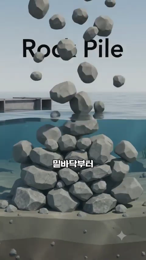 바다 밑바닥부터 돌을 쌓아 방파제를 만드는 과정을 보여주는 그래픽 자료로 'Rock Pile'이라는 영어 문구와 '밑바닥부터'라는 한글 자막이 적혀 있음.