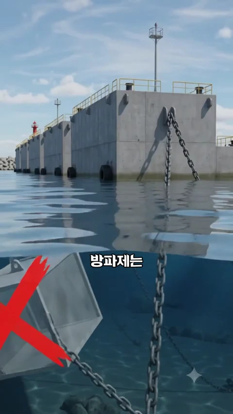 바다 위에 떠 있는 거대한 직사각형 구조물들이 두꺼운 쇠사슬로 해저에 고정된 모습을 보여주는 3D 그래픽 영상 화면입니다.