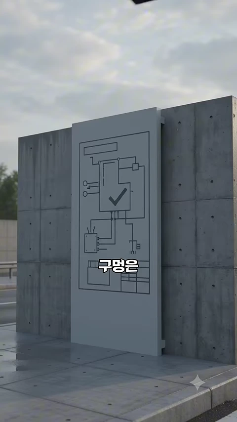 콘크리트 옹벽 앞에 '구멍은'이라는 한글 자막이 적힌 도식화된 도표 이미지가 놓여 있는 모습.