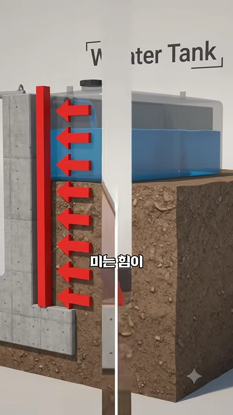 콘크리트 옹벽 뒤에 물이 가득 찬 물탱크가 있는 모습을 나타낸 3D 모식도로, 벽면을 향해 빨간색 화살표들이 강한 압력을 가하고 있는 그래픽.