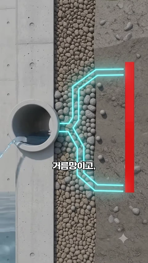 옹벽 배수구멍의 내부 구조를 보여주는 그래픽으로, 옹벽 콘크리트 뒷면의 자갈층과 배수 파이프를 통해 물이 외부로 빠져나가는 경로가 파란색 선으로 표시되어 있습니다.