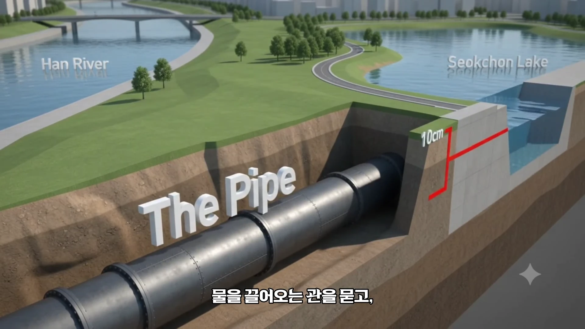 지하를 가로지르는 대형 배관과 한강, 석촌호수의 지질 단면을 보여주는 3D 그래픽 이미지.