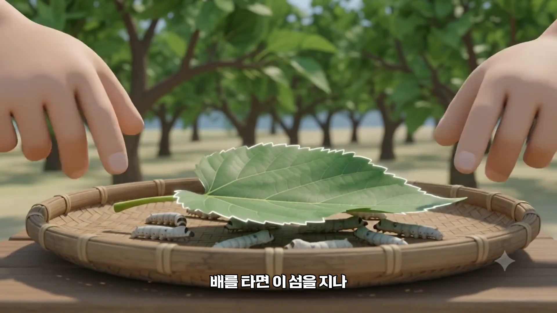 3D 애니메이션 스타일로 표현된 누에들이 뽕나무 잎이 놓인 채반 위에 있는 모습.