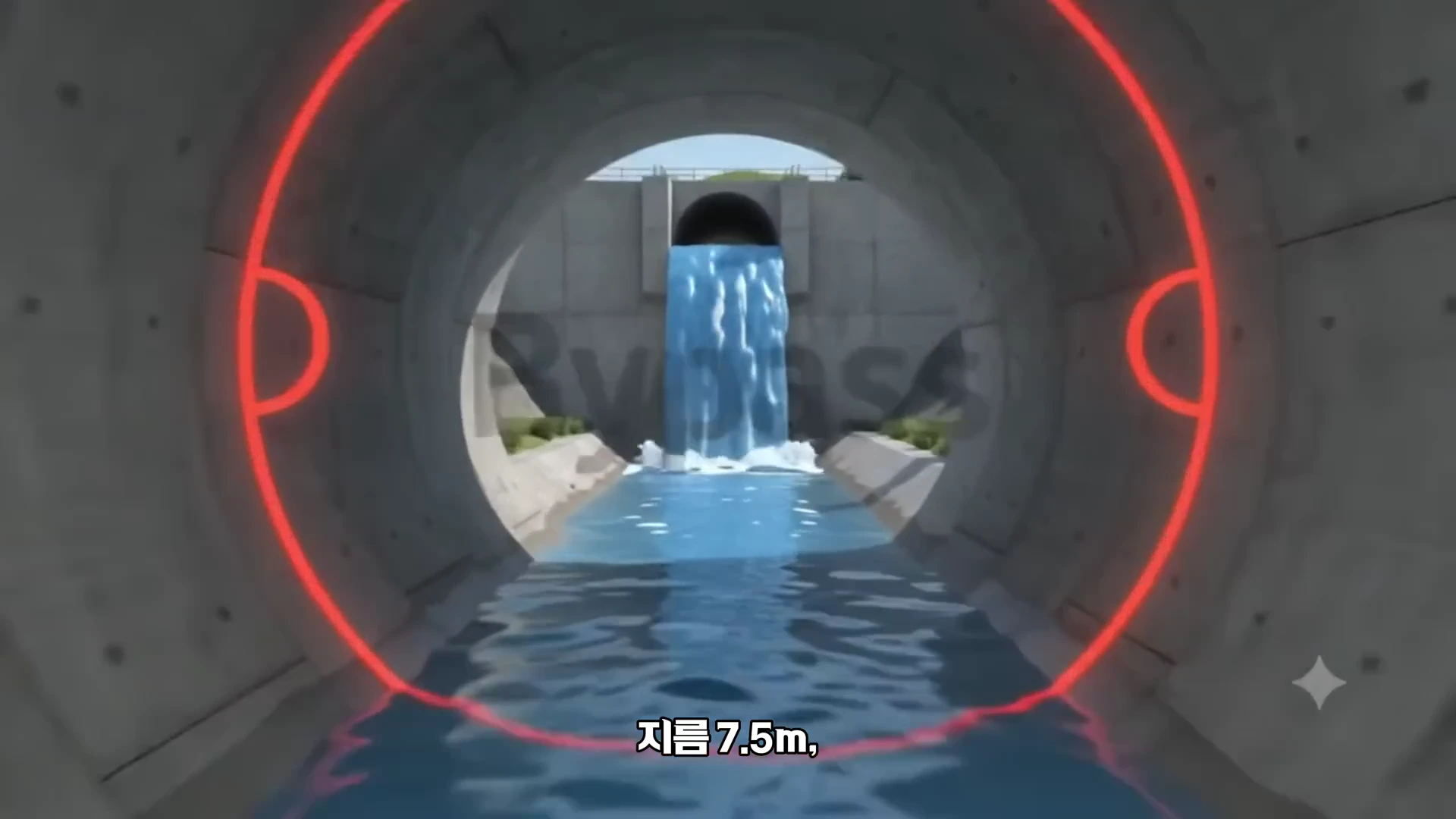 지름 7.5미터의 거대한 원형 콘크리트 터널 내부에서 밖을 바라본 모습으로, 입구 밖으로 폭포처럼 물이 쏟아져 나오고 있고 화면에는 '지름 7.5m'라는 텍스트가 표시되어 있음.