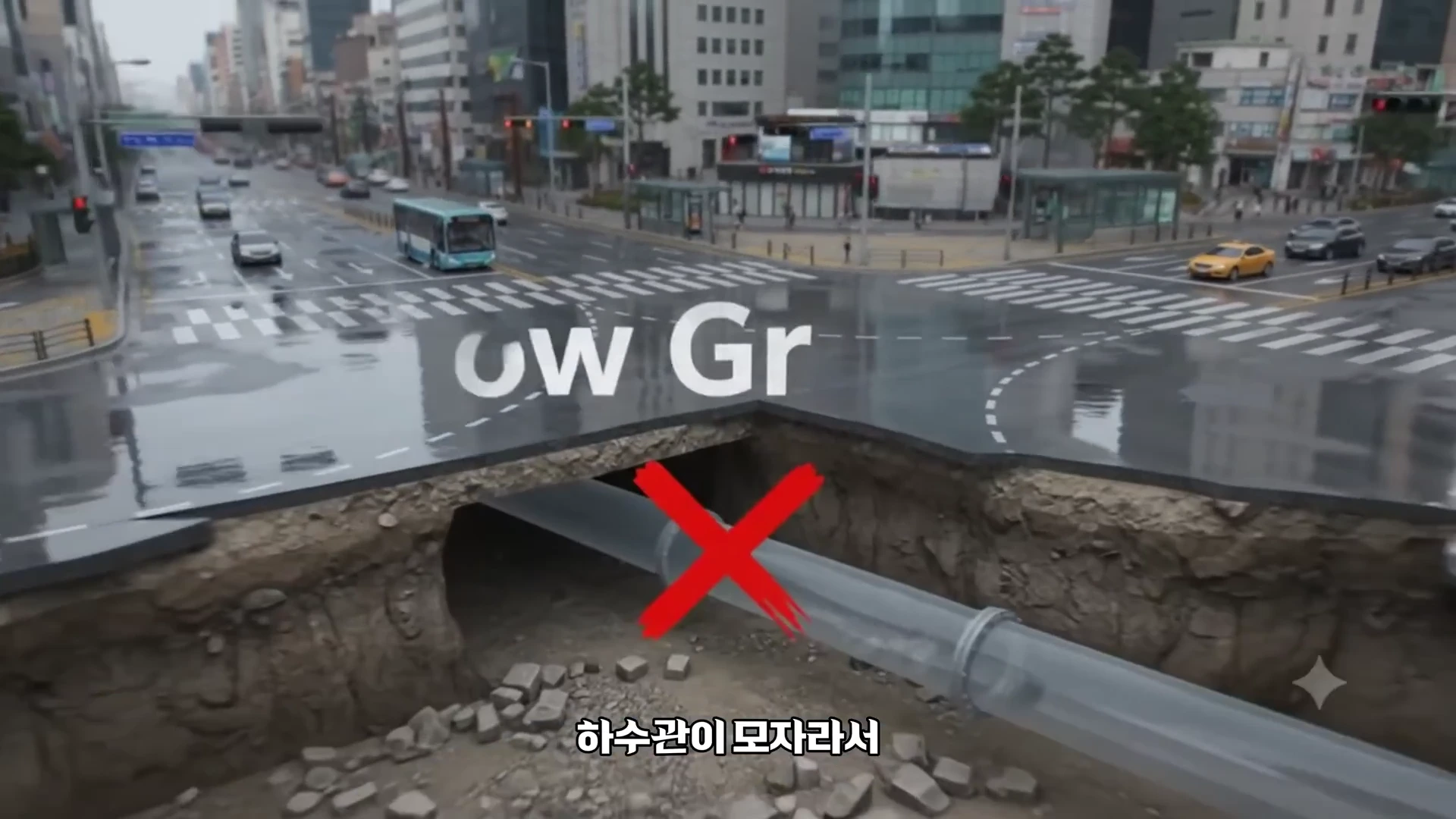 비에 젖은 강남역 사거리 도로 밑의 단면을 보여주는 그래픽으로, 좁은 하수관 위로 큰 빨간색 X 표시가 그려져 있습니다.