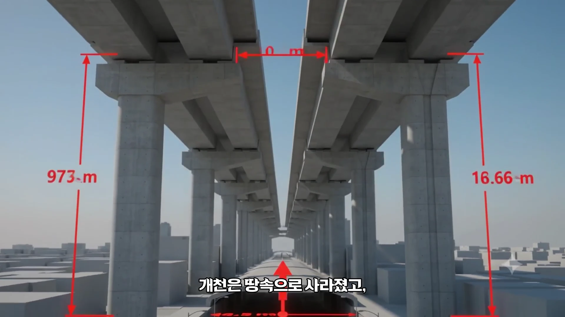콘크리트 교각들이 줄지어 서 있는 3D 그래픽 영상으로, 교각 사이의 거리와 높이가 적힌 빨간색 측정 화살표가 표시되어 있습니다.