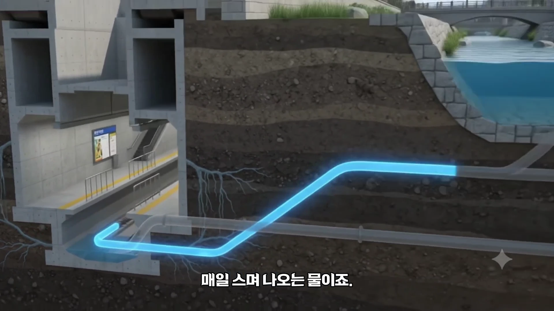 지하철역 구조와 그 주변 지반을 보여주는 단면도 그래픽으로, 지하에서 흘러나오는 지하수가 파이프를 통해 하천으로 연결되는 과정을 시각화하고 있다.